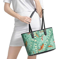 Green Palaka Hawaiian And Japanese Leather Tote Bag Sakura Lei With Koi Fish DT05 - Polynesian Pride