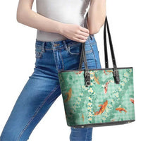 Green Palaka Hawaiian And Japanese Leather Tote Bag Sakura Lei With Koi Fish DT05 - Polynesian Pride