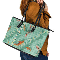 Green Palaka Hawaiian And Japanese Leather Tote Bag Sakura Lei With Koi Fish DT05 - Polynesian Pride