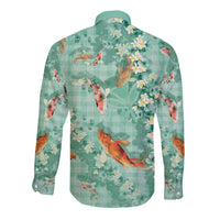 Green Palaka Hawaiian And Japanese Long Sleeve Button Shirt Sakura Lei With Koi Fish DT05 - Polynesian Pride