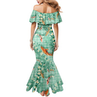 Green Palaka Hawaiian And Japanese Mermaid Dress Sakura Lei With Koi Fish - Polynesian Pride