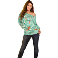 Green Palaka Hawaiian And Japanese Off Shoulder Sweater Sakura Lei With Koi Fish - Polynesian Pride