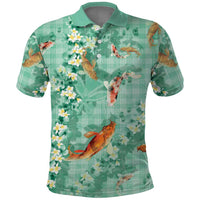 Green Palaka Hawaiian And Japanese Polo Shirt Sakura Lei With Koi Fish DT05 Green - Polynesian Pride