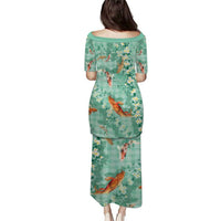 Green Palaka Hawaiian And Japanese Puletasi Sakura Lei With Koi Fish DT05 - Polynesian Pride