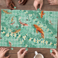 Green Palaka Hawaiian And Japanese Puzzle Sakura Lei With Koi Fish DT05 - Polynesian Pride