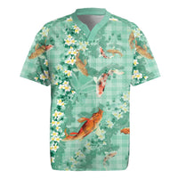 Green Palaka Hawaiian And Japanese Rugby Jersey Sakura Lei With Koi Fish DT05 Green - Polynesian Pride
