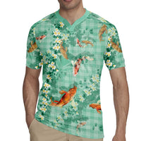 Green Palaka Hawaiian And Japanese Rugby Jersey Sakura Lei With Koi Fish DT05 - Polynesian Pride