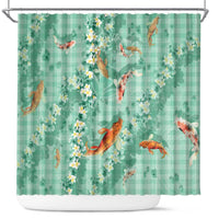 Green Palaka Hawaiian And Japanese Shower Curtain Sakura Lei With Koi Fish - Polynesian Pride