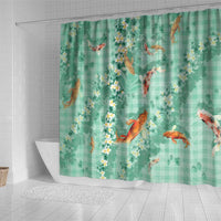 Green Palaka Hawaiian And Japanese Shower Curtain Sakura Lei With Koi Fish - Polynesian Pride