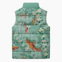 Green Palaka Hawaiian And Japanese Sleeveless Puffer Jacket Sakura Lei With Koi Fish DT05 - Polynesian Pride