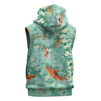 Green Palaka Hawaiian And Japanese Sleeveless Zip Hoodie Sakura Lei With Koi Fish DT05 - Polynesian Pride