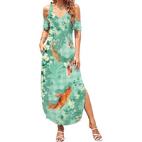 Green Palaka Hawaiian And Japanese Summer Maxi Dress Sakura Lei With Koi Fish DT05 Women Green - Polynesian Pride