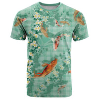 Green Palaka Hawaiian And Japanese T Shirt Sakura Lei With Koi Fish DT05 Green - Polynesian Pride