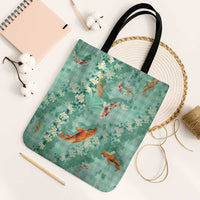 Green Palaka Hawaiian And Japanese Tote Bag Sakura Lei With Koi Fish - Polynesian Pride