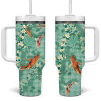 Green Palaka Hawaiian And Japanese Tumbler With Handle Sakura Lei With Koi Fish - Polynesian Pride
