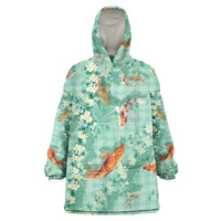 Green Palaka Hawaiian And Japanese Wearable Blanket Hoodie Sakura Lei With Koi Fish DT05 One Size Green - Polynesian Pride