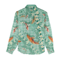 Green Palaka Hawaiian And Japanese Women Casual Shirt Sakura Lei With Koi Fish - Polynesian Pride