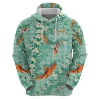 Green Palaka Hawaiian And Japanese Zip Hoodie Sakura Lei With Koi Fish DT05 - Polynesian Pride