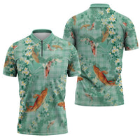 Green Palaka Hawaiian And Japanese Zipper Polo Shirt Sakura Lei With Koi Fish - Polynesian Pride