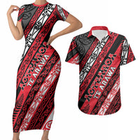 Personalised Aotearoa Te Arawa Couples Matching Short Sleeve Bodycon Dress and Hawaiian Shirt New Zealand Maori Tribal Fern Pattern DT05 Red - Polynesian Pride
