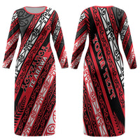 Personalised Aotearoa Te Arawa Family Matching Long Sleeve Bodycon Dress and Hawaiian Shirt New Zealand Maori Tribal Fern Pattern DT05 Mom's Dress Red - Polynesian Pride