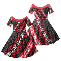 Personalised Aotearoa Te Arawa Family Matching Mermaid Dress and Hawaiian Shirt New Zealand Maori Tribal Fern Pattern DT05 Daughter's Dress Red - Polynesian Pride