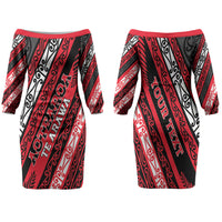 Personalised Aotearoa Te Arawa Family Matching Off The Shoulder Long Sleeve Dress and Hawaiian Shirt New Zealand Maori Tribal Fern Pattern DT05 Mom's Dress Red - Polynesian Pride
