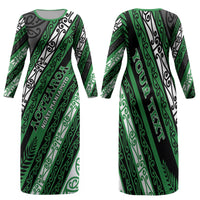 Personalised Aotearoa Ngati Maniapoto Family Matching Long Sleeve Bodycon Dress and Hawaiian Shirt New Zealand Maori Tribal Fern Pattern DT05 Mom's Dress Green - Polynesian Pride