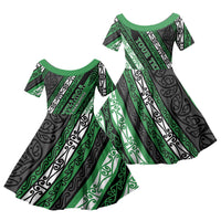 Personalised Aotearoa Ngati Maniapoto Family Matching Long Sleeve Bodycon Dress and Hawaiian Shirt New Zealand Maori Tribal Fern Pattern DT05 Daughter's Dress Green - Polynesian Pride