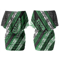 Personalised Aotearoa Ngati Maniapoto Family Matching Off Shoulder Short Dress and Hawaiian Shirt New Zealand Maori Tribal Fern Pattern DT05 Mom's Dress Green - Polynesian Pride