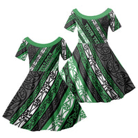 Personalised Aotearoa Ngati Maniapoto Family Matching Off Shoulder Short Dress and Hawaiian Shirt New Zealand Maori Tribal Fern Pattern DT05 Daughter's Dress Green - Polynesian Pride