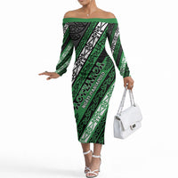 Personalised Aotearoa Ngati Maniapoto Off The Shoulder Long Sleeve Dress New Zealand Maori Tribal Fern Pattern DT05 Women Green - Polynesian Pride