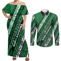 Personalised Aotearoa Ngati Raukawa Couples Matching Off Shoulder Maxi Dress and Long Sleeve Button Shirt New Zealand Maori Tribal Fern Pattern
