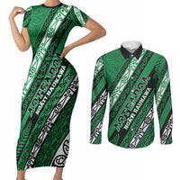Personalised Aotearoa Ngati Raukawa Couples Matching Short Sleeve Bodycon Dress and Long Sleeve Button Shirt New Zealand Maori Tribal Fern Pattern DT05 Green - Polynesian Pride