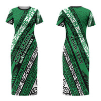 Personalised Aotearoa Ngati Raukawa Family Matching Short Sleeve Bodycon Dress and Hawaiian Shirt New Zealand Maori Tribal Fern Pattern DT05 Mom's Dress Green - Polynesian Pride