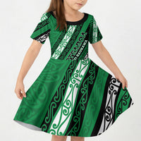 Personalised Aotearoa Ngati Raukawa Kid Short Sleeve Dress New Zealand Maori Tribal Fern Pattern DT05 KID Green - Polynesian Pride