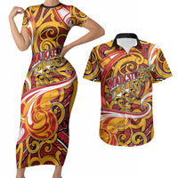 Custom Aotearoa Waikato Tainui Couples Matching Short Sleeve Bodycon Dress and Hawaiian Shirt Maori Tribal Pattern Koru Motif DT05 Yellow - Polynesian Pride