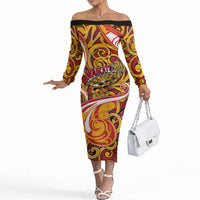 Custom Aotearoa Waikato Tainui Off The Shoulder Long Sleeve Dress Maori Tribal Pattern Koru Motif DT05 Women Yellow - Polynesian Pride