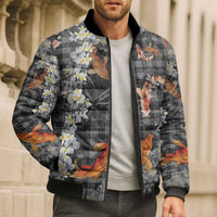 Black Palaka Hawaiian And Japanese Bomber Puffer Jacket Sakura Lei With Koi Fish DT05 - Polynesian Pride