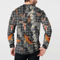 Black Palaka Hawaiian And Japanese Button Sweatshirt Sakura Lei With Koi Fish DT05 - Polynesian Pride
