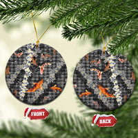 Black Palaka Hawaiian And Japanese Ceramic Ornament Sakura Lei With Koi Fish - Polynesian Pride