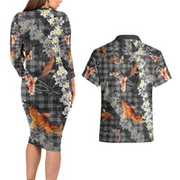 Black Palaka Hawaiian And Japanese Couples Matching Long Sleeve Bodycon Dress and Hawaiian Shirt Sakura Lei With Koi Fish - Polynesian Pride
