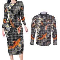 Black Palaka Hawaiian And Japanese Couples Matching Long Sleeve Bodycon Dress and Long Sleeve Button Shirt Sakura Lei With Koi Fish - Polynesian Pride
