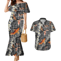 Black Palaka Hawaiian And Japanese Couples Matching Mermaid Dress and Hawaiian Shirt Sakura Lei With Koi Fish - Polynesian Pride