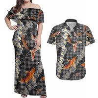 Black Palaka Hawaiian And Japanese Couples Matching Off Shoulder Maxi Dress and Hawaiian Shirt Sakura Lei With Koi Fish - Polynesian Pride
