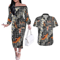 Black Palaka Hawaiian And Japanese Couples Matching Off The Shoulder Long Sleeve Dress and Hawaiian Shirt Sakura Lei With Koi Fish - Polynesian Pride