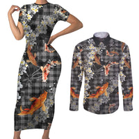 Black Palaka Hawaiian And Japanese Couples Matching Short Sleeve Bodycon Dress and Long Sleeve Button Shirt Sakura Lei With Koi Fish - Polynesian Pride
