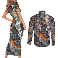Black Palaka Hawaiian And Japanese Couples Matching Short Sleeve Bodycon Dress and Long Sleeve Button Shirt Sakura Lei With Koi Fish - Polynesian Pride