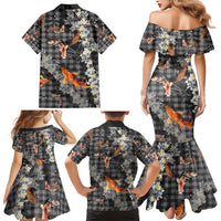 Black Palaka Hawaiian And Japanese Family Matching Mermaid Dress and Hawaiian Shirt Sakura Lei With Koi Fish - Polynesian Pride