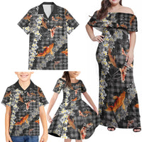Black Palaka Hawaiian And Japanese Family Matching Off Shoulder Maxi Dress and Hawaiian Shirt Sakura Lei With Koi Fish - Polynesian Pride